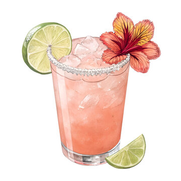 Watercolor illustration of a refreshing Paloma cocktail. Cocktail drink watercolor illustration on solid white background.