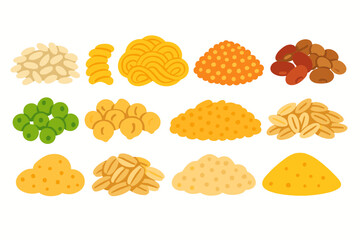 Food ingredients flat icon set: grains, pasta, legumes, nutritional icons collection