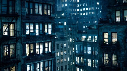 Obraz premium City buildings at night, illuminated windows.