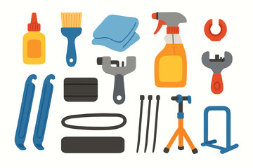 Bicycle repair flat icon set for tools and maintenance essentials