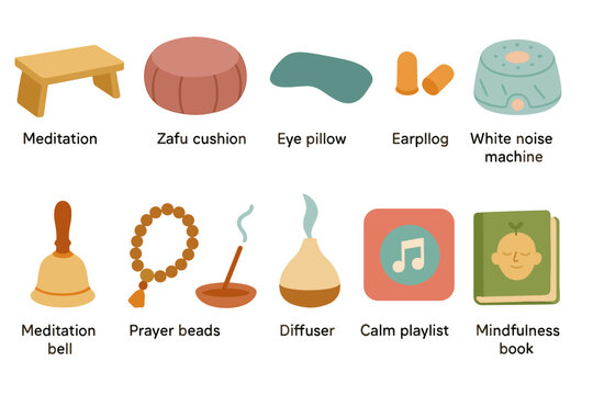Meditation, relaxation flat icon set. mindfulness aids and tools collection