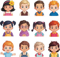 Cartoon children, diverse outfits, colorful clothing, standing in grid, happy expressions, playful style, vector illustration, school kids, character design