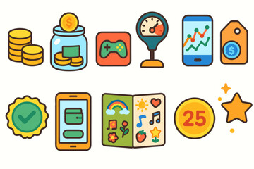 Finance and technology flat icon set. digital economy and gaming icons collection
