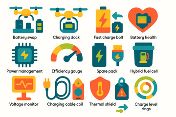 Electric vehicle flat icon set. battery health, power management, charging icons.