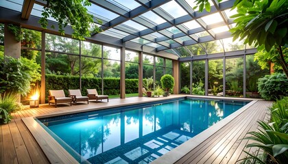 Luxurious indoor pool with glass roof and lush landscaping