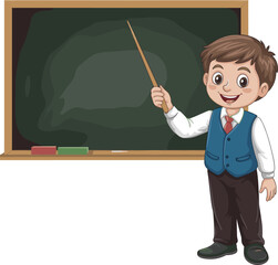 Cartoon teacher character in classroom with empty chalkboard, holding pointer stick, educational setting, vector illustration for teaching concepts