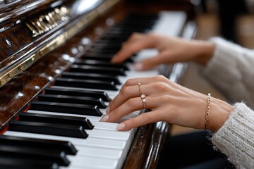 Obraz premium Hands playing piano with elegance and focus in a cozy setting