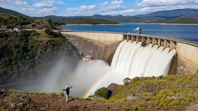 Caucasian Woman with Arms Outstretched at a Dam