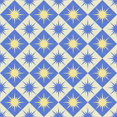 Seamless Geometric Pattern with Blue Diamonds and Yellow Starburst Shapes on Beige background. Vintage Boho Design Wallpaper.
