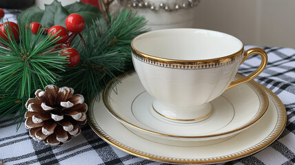Fototapeta premium Elegant gold trimmed teacup and saucer with festive holiday decor