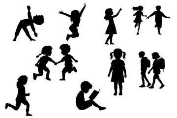 silhouettes of children, set of kids silhouette icons