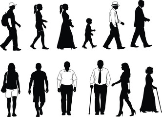 Human silhouette collection, walking and standing poses, diverse outfits, casual formal styles, family figures, cane baby backpack, vector set