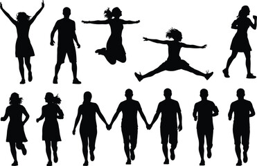 Human silhouette collection, walking running jumping poses, expressive body movement, black figure art, people activity, white background, vector set