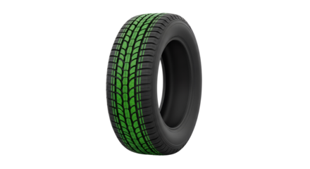 Black Vehicle Tire with Bright Green Tread Pattern Isolated on Transparent Background