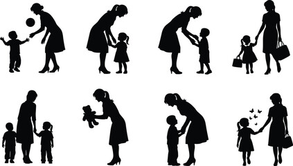 Mother and child silhouette set, nurturing moments, playing talking gifting walking, teddy bear scene, family bond, vector illustration, black art