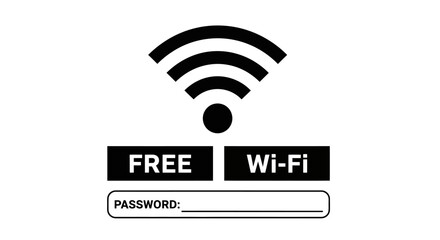 Vector illustration of a free Wi-Fi zone sign with password field, ideal for public spaces, businesses, and digital connectivity advertisements.