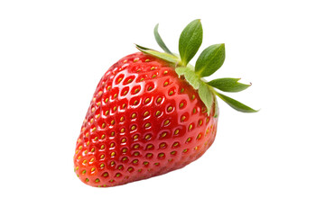 Fresh, ripe red strawberry with green leaves, isolated on white background, highlighting its natural beauty and delicious appeal.