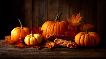 Autumn Harvest with Pumpkins and Colorful Leaves