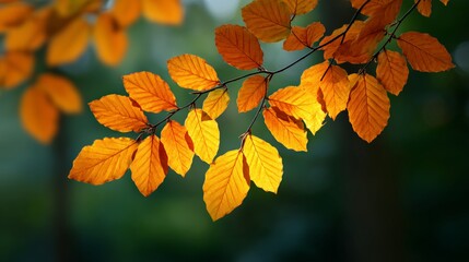 Fototapeta premium Vibrant Autumn Leaves on a Branch in Soft Light