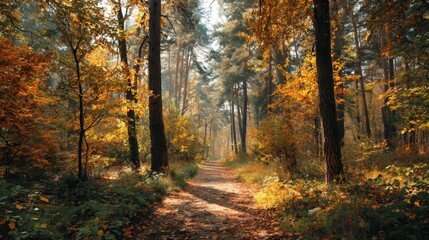 Forest Path in Autumn: A captivating scene unfolds as sunlight streams through a vibrant forest, highlighting a serene path amidst the colorful leaves and towering trees.