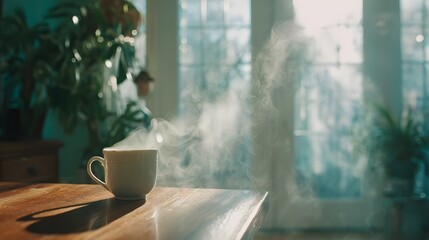 Steam rising from a white mug on a wooden table.