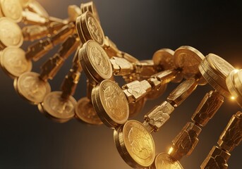 DNA helix made of gold coins representing wealth and genetic investment