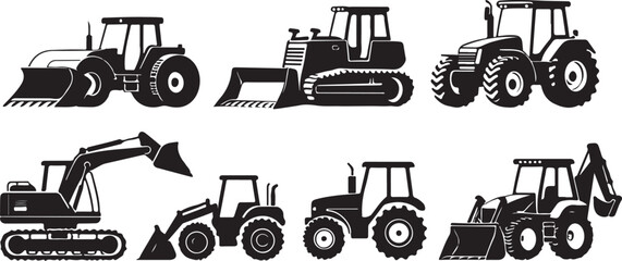 Collection of black silhouette construction and agricultural vehicles tractor bulldozer