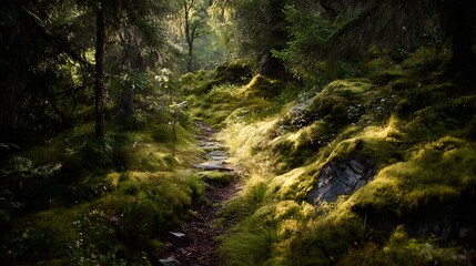 A sunlit forest path winds through a mossy woodland.