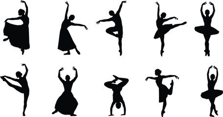 Silhouettes of ten ballet dancers in classical poses, showcasing elegant movement and posture, isolated on white background for dance illustration © Rifat Creatives