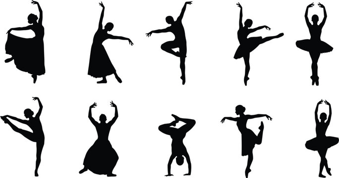 Silhouettes of ten ballet dancers in classical poses, showcasing elegant movement and posture, isolated on white background for dance illustration