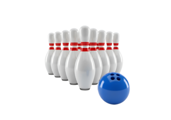 Perfect Rack of Bowling Pins with Blue Ball on Transparent Background