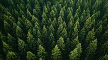 An aerial shot of a dense, vibrant pine forest with a rich green texture.
