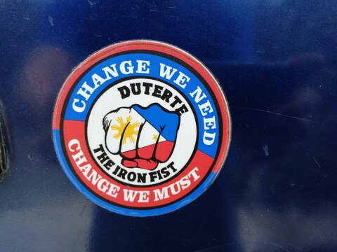 Manila,Philippines-May 6 2022: Sticker on Philippine MHD bus with political slogan about Duterte and Iron Fist