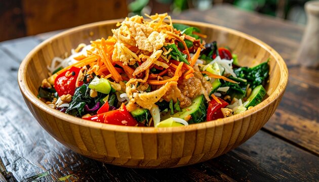 Karedok Sundanese Raw Vegetable Salad with Peanut Sauce. Traditional Indonesian Food