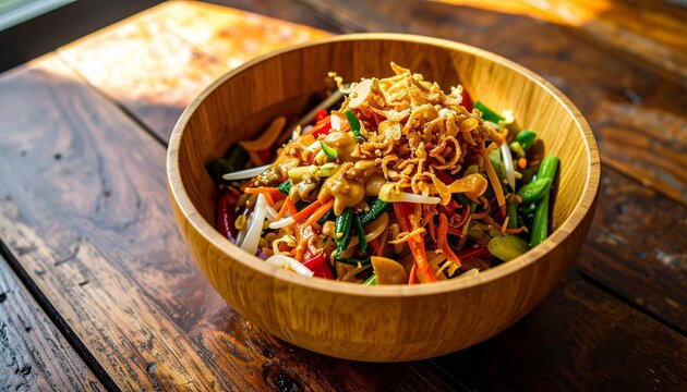 Karedok Sundanese Raw Vegetable Salad with Peanut Sauce. Traditional Indonesian Food