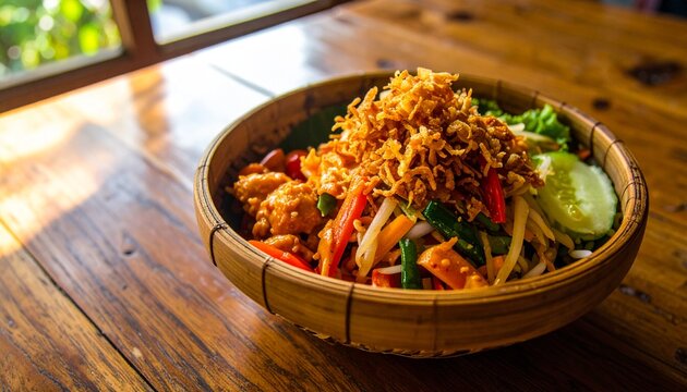 Karedok Sundanese Raw Vegetable Salad with Peanut Sauce. Traditional Indonesian Food