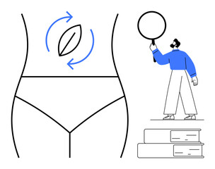Waistline design with leaf and arrow symbols, researcher examining with magnifying glass beside books. Ideal for health, wellness, nutrition, education, medical study, research, simple landing page