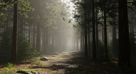 Fototapeta premium Misty Forest Path with Towering Green Trees and Sunlight
