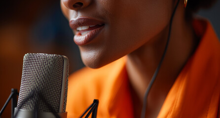 A close-up of an African American woman speaking into a microphone, wearing an orange shirt in a podcast studio Generative AI