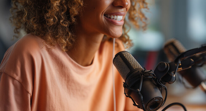 A close-up of an African American woman speaking into the microphone, with her face partially obscured by curly hair and wearing a peach-colored t-shirt Generative AI