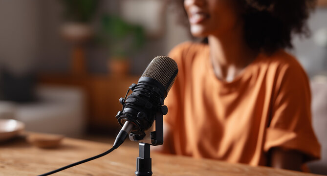 A close-up of an African American woman speaking into the microphone on her desk, with the focus on the black mic and stand in front of her Generative AI
