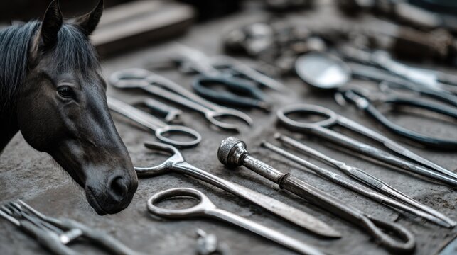 veterinary tools and horse body softly blurred in background.