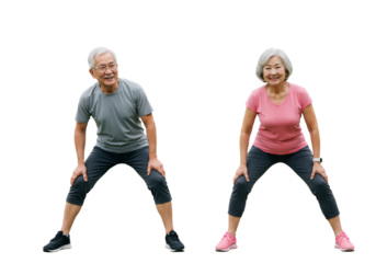 Smiling senior Asian couple staying active and healthy together, doing stretching exercises on an isolated white background.
