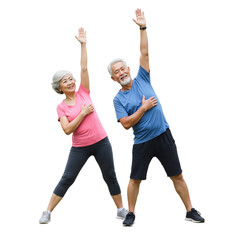 Active Senior Couple Performing a Side Stretch Exercise Together, Promoting Healthy Aging and Wellness
