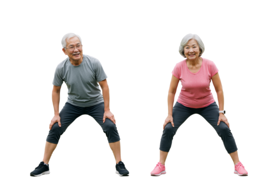 Smiling senior Asian couple staying active and healthy together, doing stretching exercises on an isolated white background. - Powered by Adobe