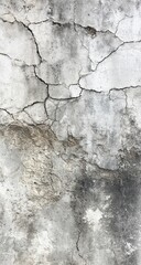 A weathered, grey concrete wall, heavily cracked and stained with dark discoloration, showing signs of age and decay