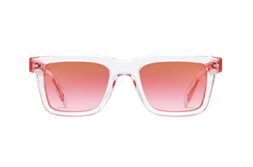 Pink sunglasses with a clear frame and pink gradient lenses on a white background, front view.  
