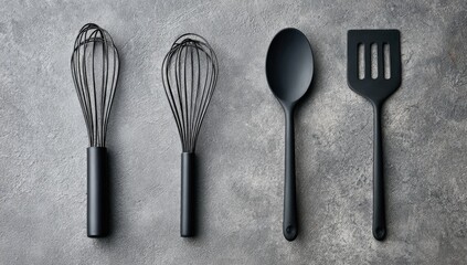 Two black wire whisks, a black spoon, and a black spatula arranged on a gray countertop