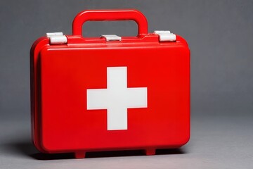 Obraz premium Vivid image of a red first aid kit featuring a white cross, symbolizing emergency preparedness and healthcare essentials, set against a background, conveying safety, readiness, and health