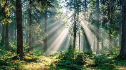Obraz premium Sunlight in Forest: Sunlight streams through the canopy of a vibrant, green forest, illuminating the lush undergrowth in a display of natural beauty and creating a sense of serenity.